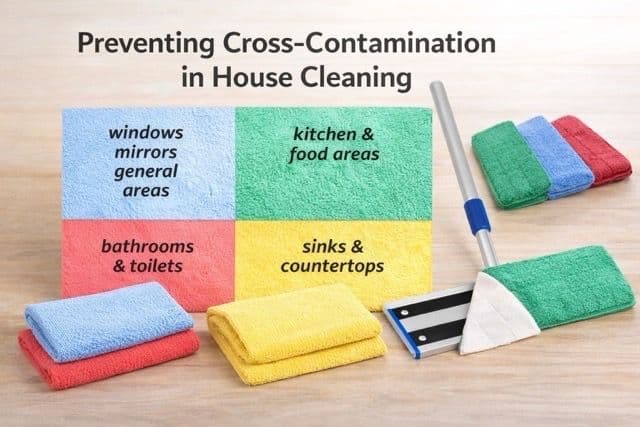Colour-coded cleaning cloths used to reduce cleaning habits that spread germs between home surfaces