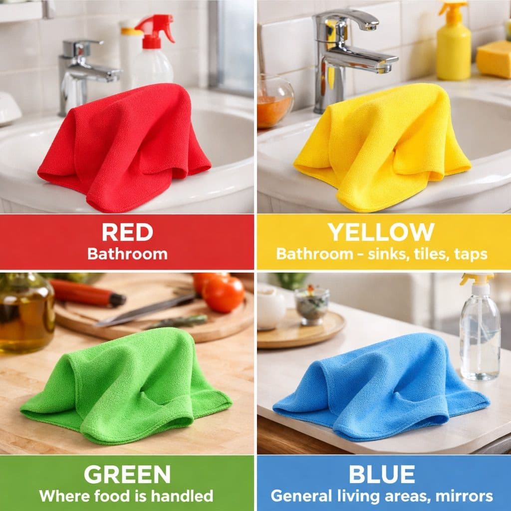 Microfiber cleaning cloths in red, yellow, green, and blue, showing the correct colour-coding for bathrooms, sinks and tiles, food-handling areas, and general living spaces.